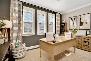 Custom drapery for row of three double-hung windows in home office