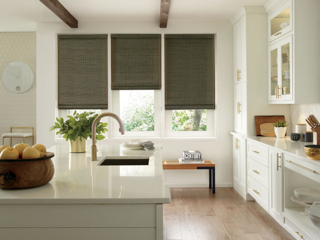 Kitchen with woven wood shades 