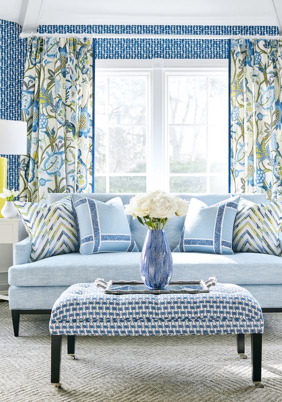 Blue and yellow drapery in a living room