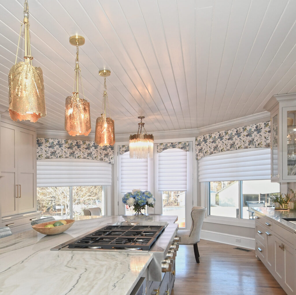 atlanta ga kitchen with motorized shades and fabric cornice