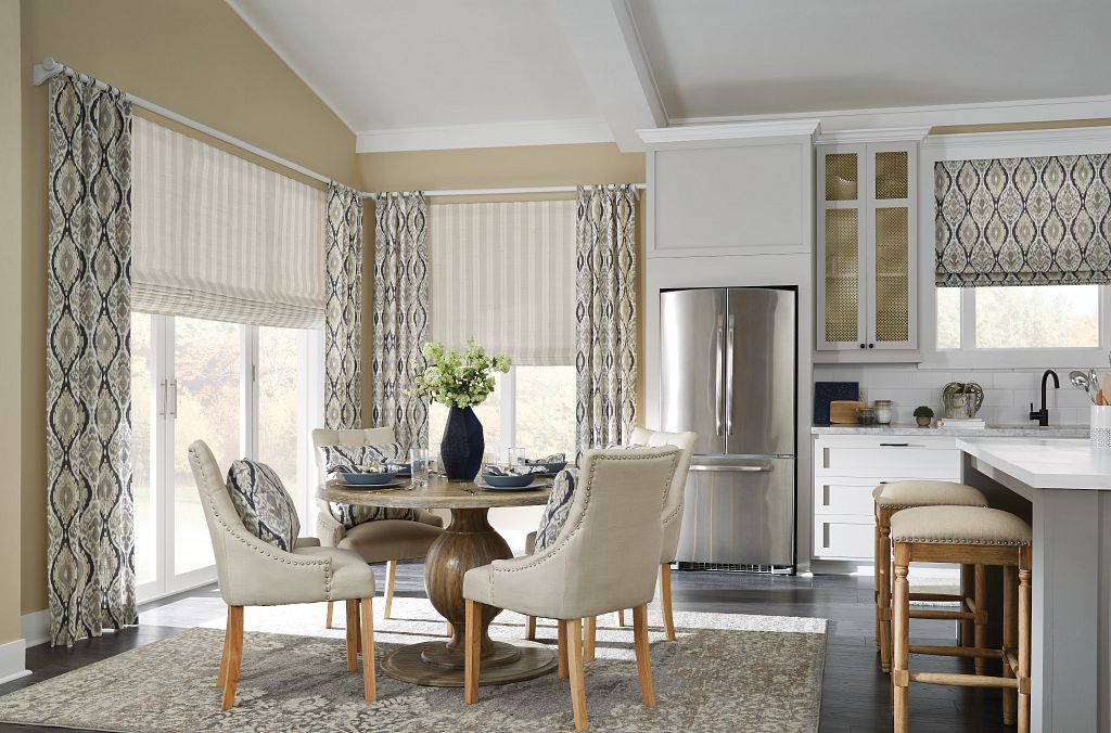 Kitchen and breakfast room with drapery and roman shades
